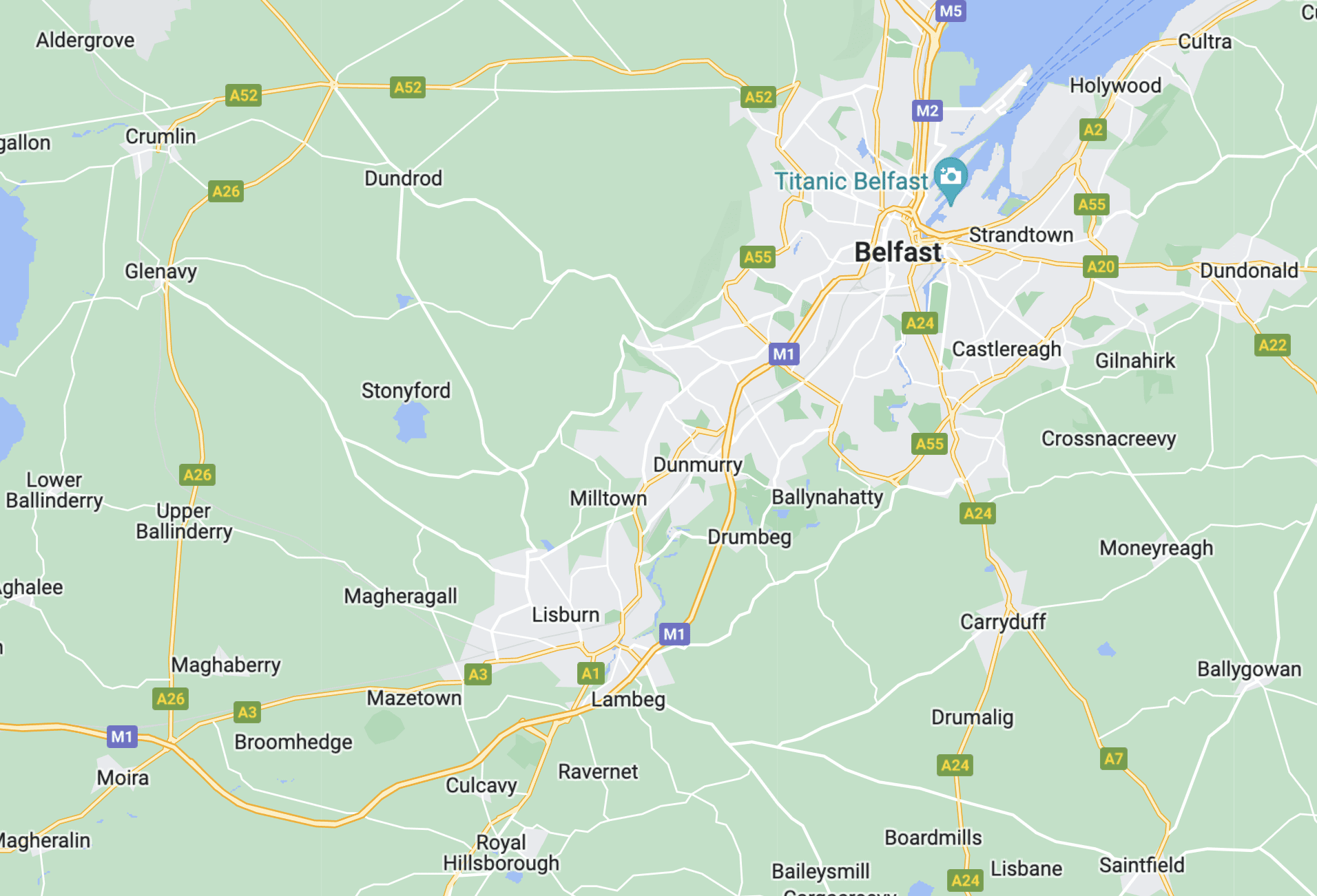 Map showing Kelly Heating NI service area — Lisburn, South Belfast, Dunmurry, Lambeg, Hillsborough and surrounding areas