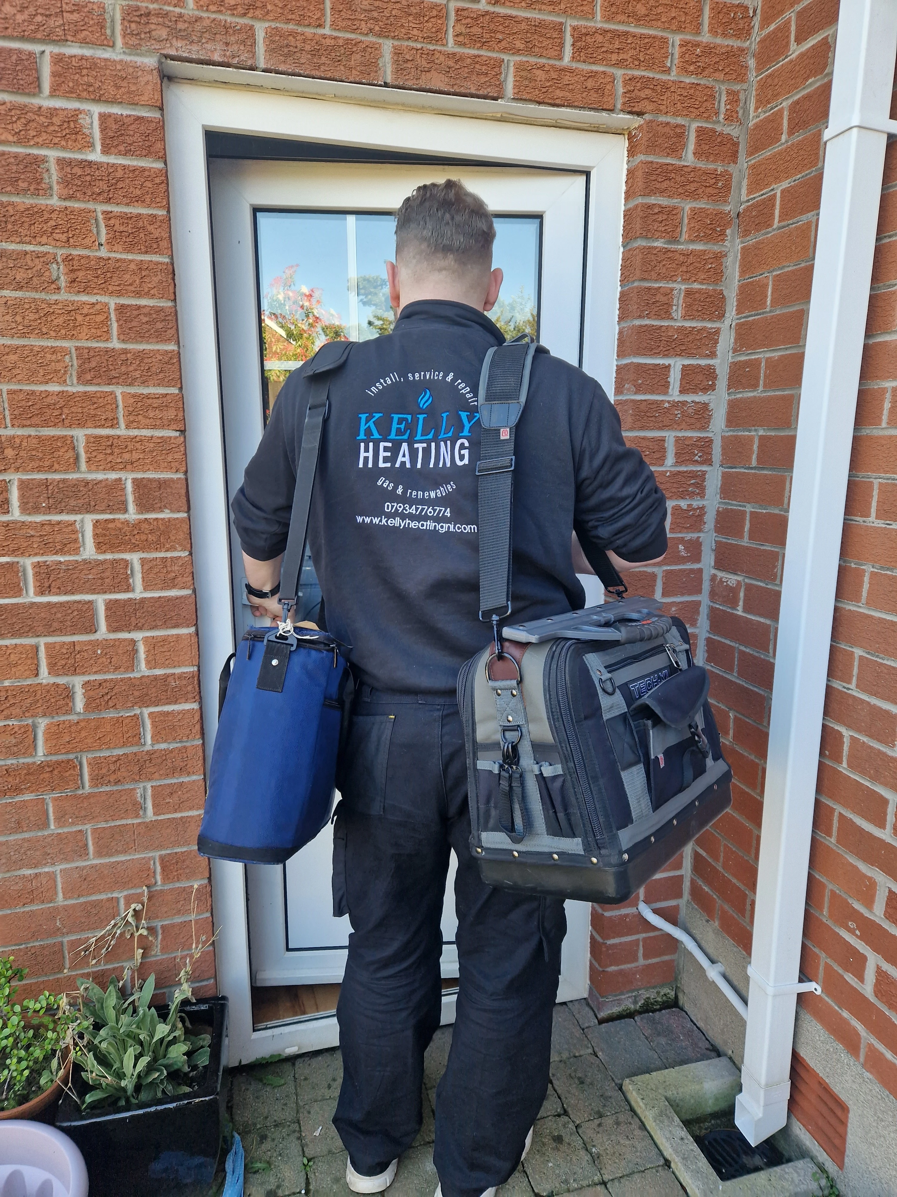 Kieran Kelly, Gas Safe registered engineer, arriving at a Lisburn home for a boiler installation — Kelly Heating NI